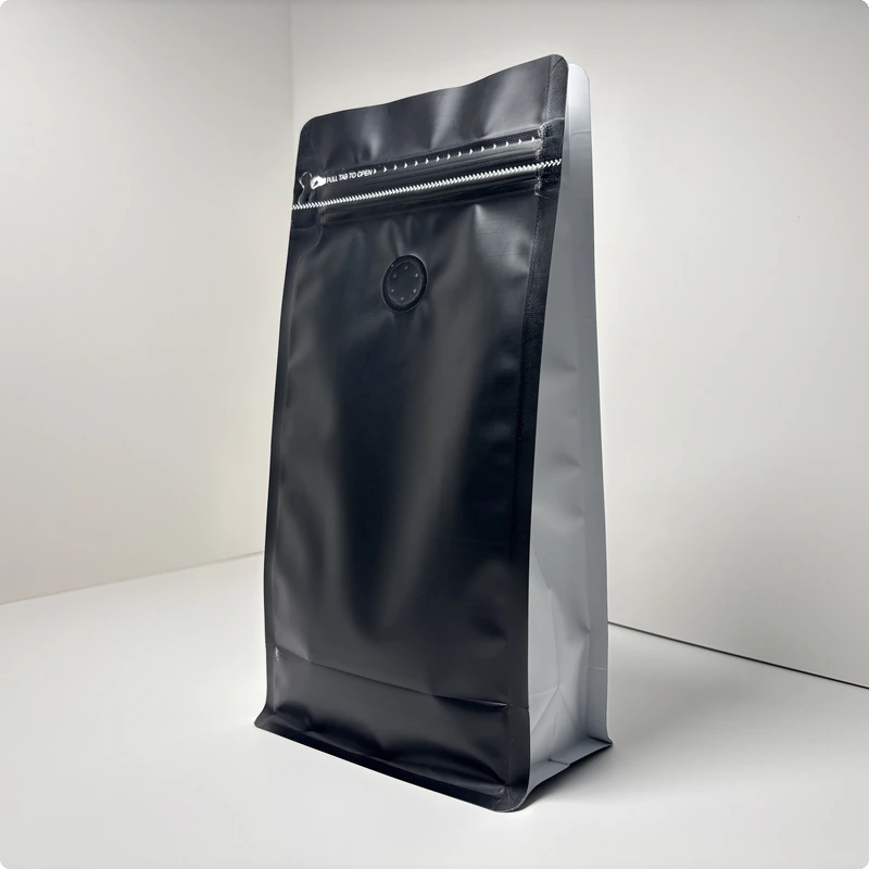 Flat bottom coffee pouch from DSS Pack with one-way degassing valve, high-barrier film, and premium full-color gravure printing — ideal for premium retail coffee packaging