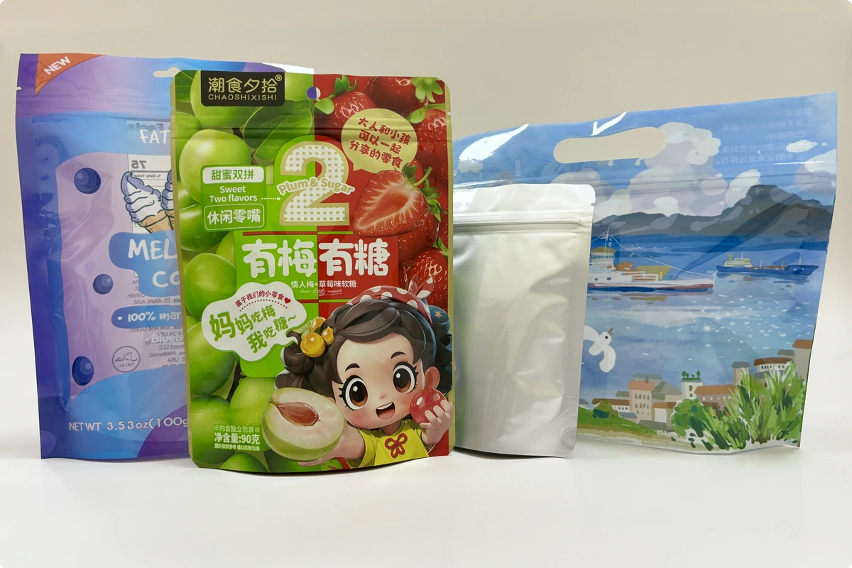 Assorted custom stand-up pouches with resealable zippers from DSS Pack — premium gravure printing and full-color packaging for snacks, supplements, and pet treats