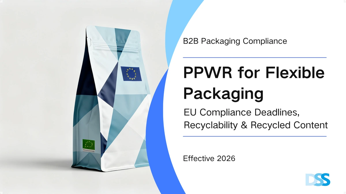 PPWR flexible packaging compliance guide cover illustration showing an EU regulation timeline and stand-up pouch