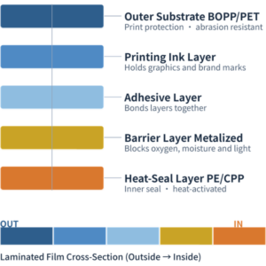 candy packaging high-barrier film structure diagram showing PET metallized layer barrier technology