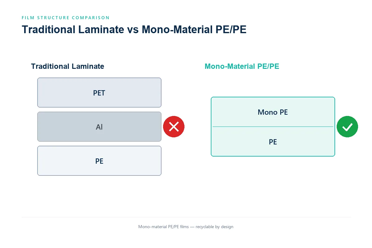 Mono-material PE/PE film structure vs traditional PET/Al/PE laminate - why single-polymer pouches are designed for recycling