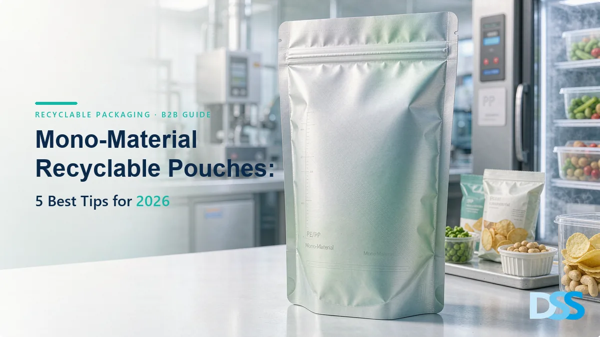 Recyclable mono-material PE/PE stand-up pouches from DSS Pack - sustainable snack packaging with resealable zipper and premium gravure printing
