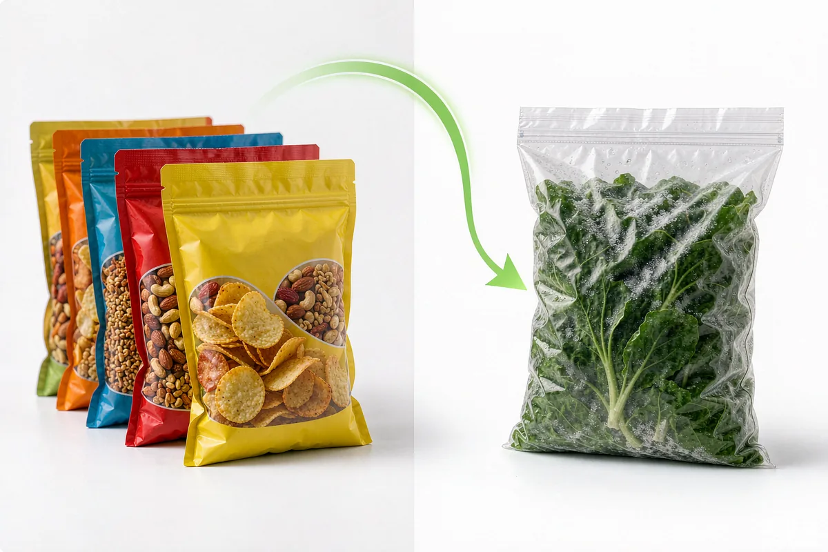 Snack and frozen food brands switching to recyclable mono-material pouches - from colorful snack pouches to frozen vegetable bags